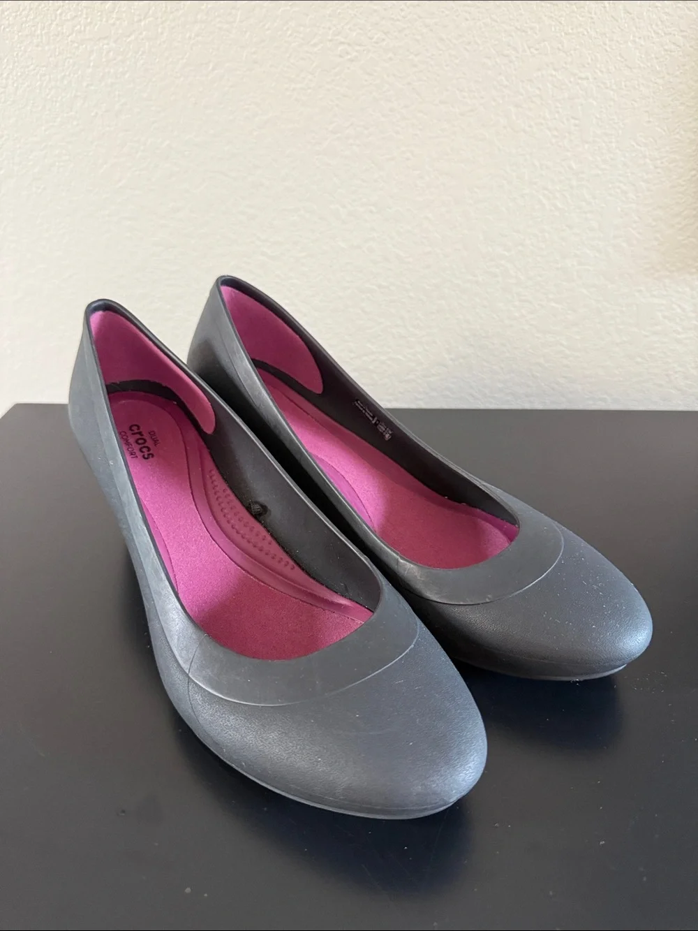 CROCS Women's Black Lina Wedge with Pink Insole